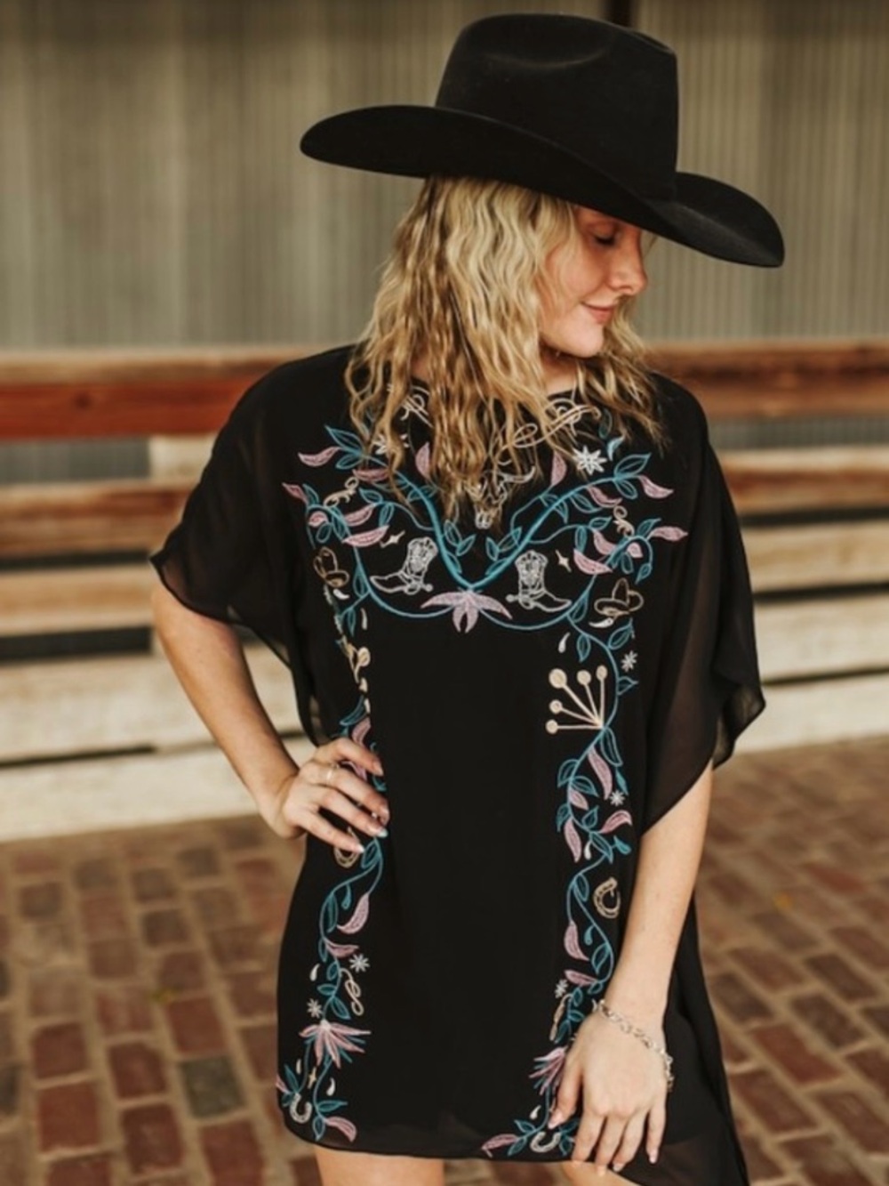 Black Embroidered Floral Tunic Dress